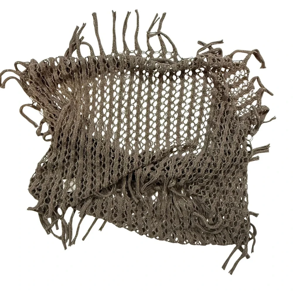 Metallic Knit Infinity Crochet Style Scarf Women Taupe Brown Boho Shimmer Fringe